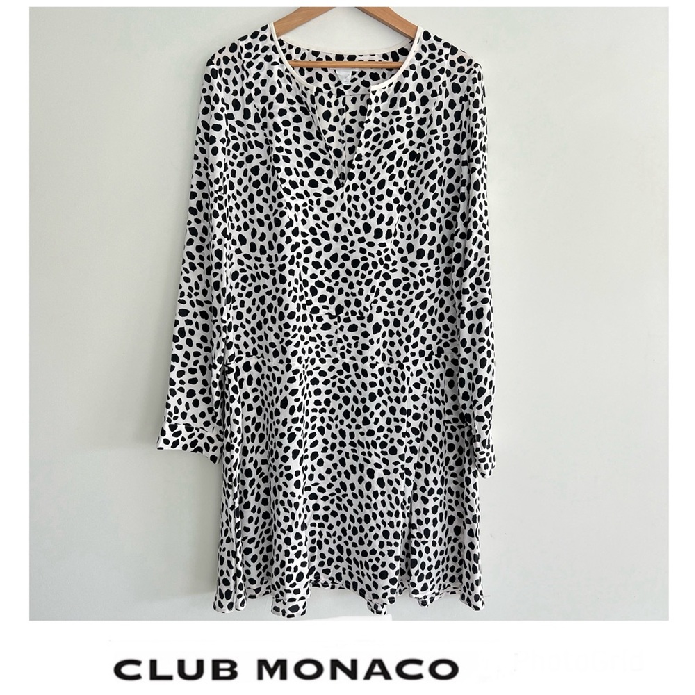 CLUB MONACO 100% Silk Black White Leopard Polkadot Print Pockets Mini Dress Sz 8